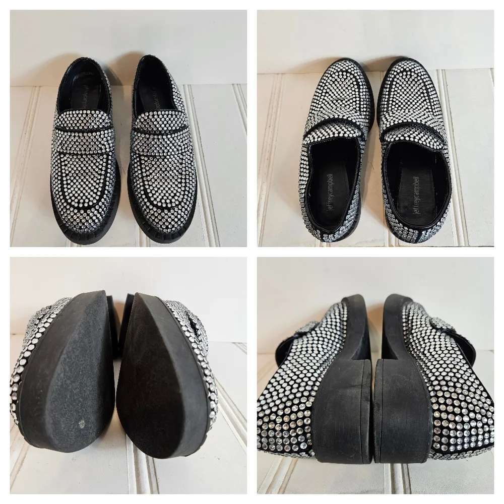 Jeffrey Campbell Library Loafers 9.5 Platform Rhinestone Chunky Heel Black